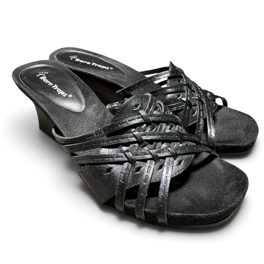 Bare Traps Black Strappy Wedge Slide Sandals Women's Size 7M Comfort Casual